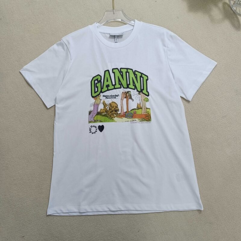 Cartoon Printed Graphic Letter Embroidery White Cotton Short Sleeve T-shirt-GN12 - 图片 4