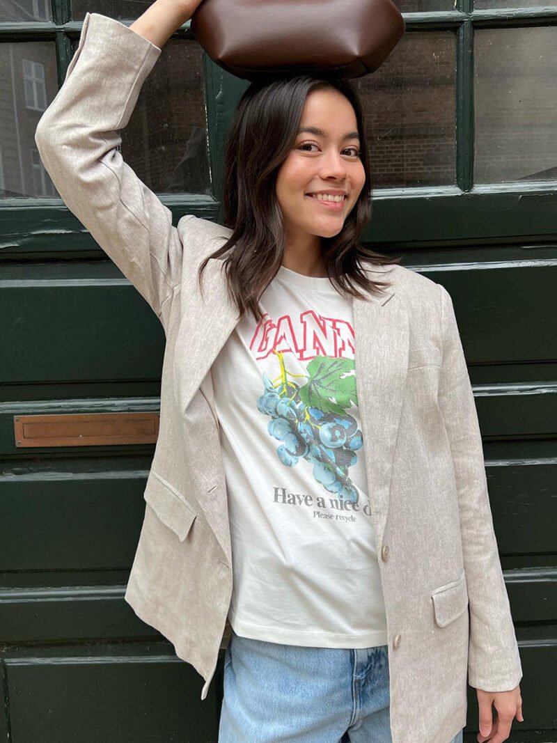 Grape Printed Graphic Letter Beige T-shirt Women Cotton Crew Neck Casual Short Sleeve Tops Tee Shirts-GN01