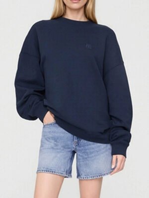 Navy Blue Logo Embroidery Cotton Women's Round Neck Sweatshirt-SPF-243