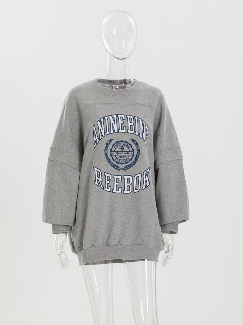 Grey Front Letter Patchwork Round Neck Mid-length Plush Women's Sweatshirt-ABS2490GY - 图片 5