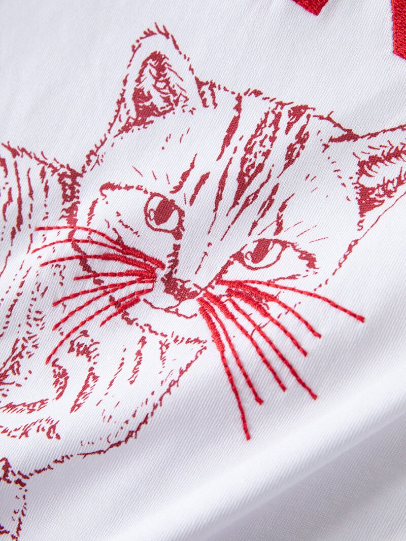 Letter Embroidery Cat Print White T-shirt Women Cotton Casual Crew Neck Short Sleeve T-shirts-GN19 - 图片 10