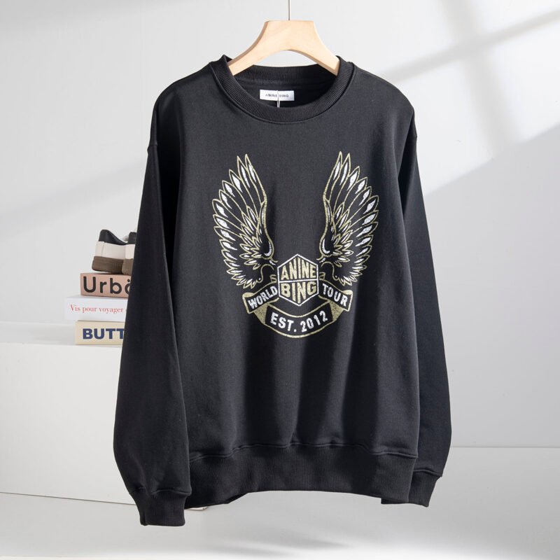 Shield Angel Wings Back English Letters Frosted Print Round Neck Sweatshirt-ABS2446BK - 图片 2