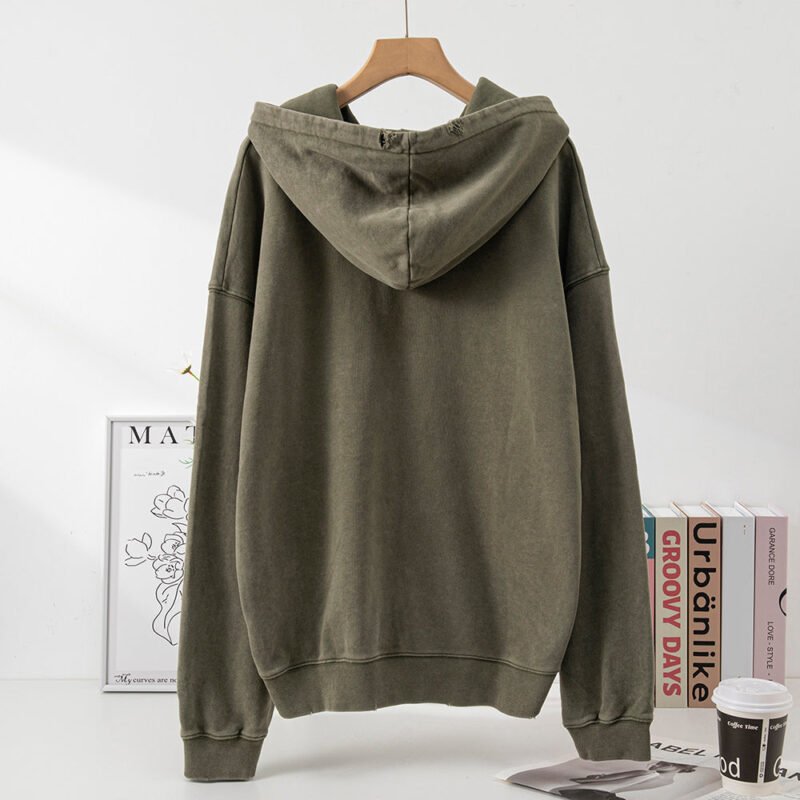Green Classic Letter Print Washed Color Fried Snowflake Loose Hooded Sweatshirt-ABS2405GN - 图片 3
