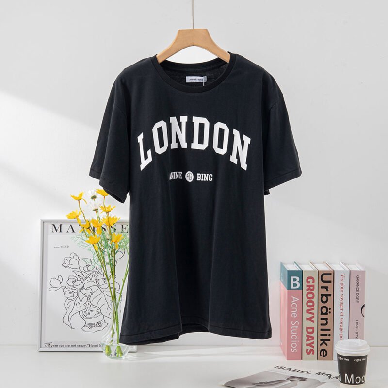 Black London Letter Print Sleeve Logo Embroidery Cotton Women's Short-sleeved T-shirt-ABT08BK - 图片 2