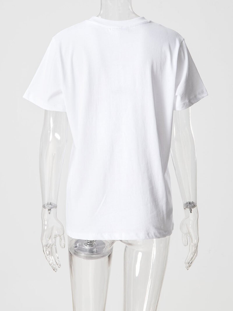 Letter Embroidery Cat Print White T-shirt Women Cotton Casual Crew Neck Short Sleeve T-shirts-GN19 - 图片 6