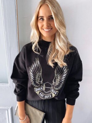 Shield Angel Wings Back English Letters Frosted Print Round Neck Sweatshirt-ABS2446BK