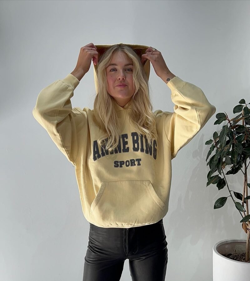 Yellow Classic Letter Hand-cranked Embroidered Round Neck Lining Plus Velvet Women's Hooded Sweatshirt-ABS2408YEL - 图片 8