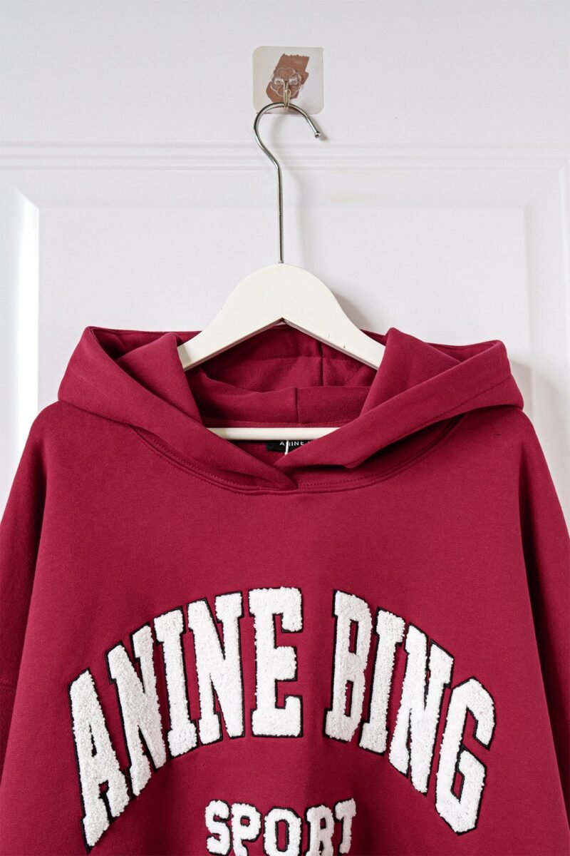 Burgundy Classic Letter Embroidered Fleece Women's Hoodie-ABS2509RD - 图片 5