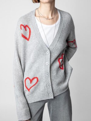 Red Love Jacquard Hem Slit V Neck Knitted Sweater Women Cardigan-DH-ZV-73