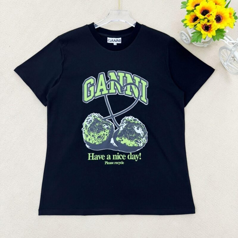 Cherry Print Letter Black Cotton T-shirt Women Summer O-neck Casual Fashion T-shirts-GN07 - 图片 30