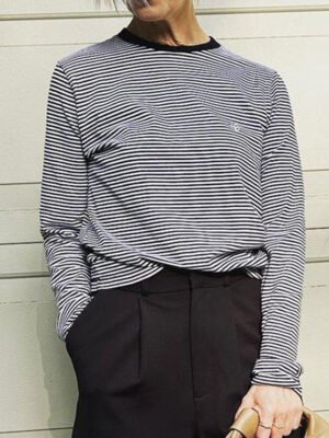 Women's Cotton Round Neck Long Sleeve T-shirt with Striped Logo Embroidery-ABT01stri