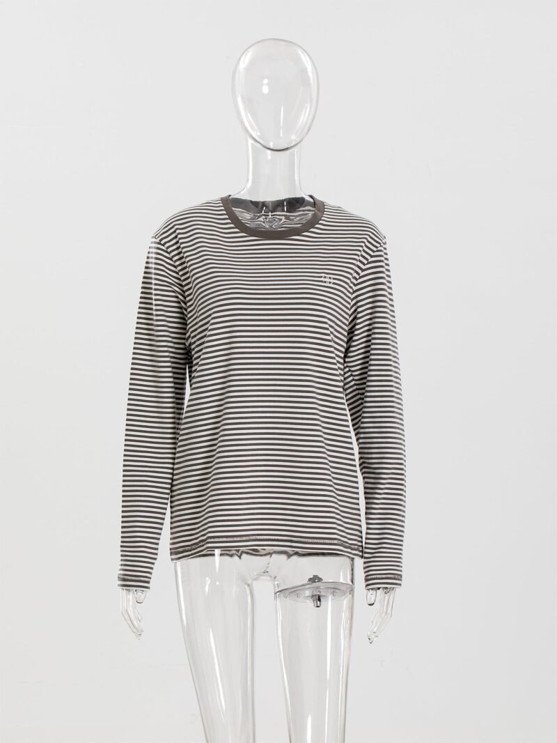 Autumn Light Green Striped Logo Embroidery Women's Loose Long-sleeved T-shirt-ABC12GNstrip - 图片 4