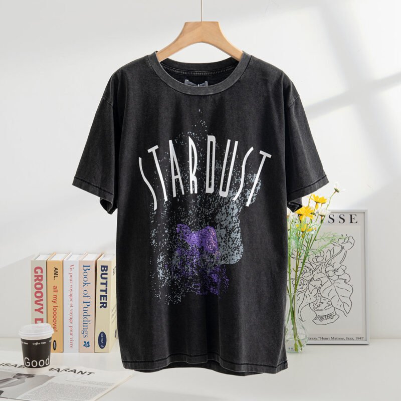Letters White Ink Digital Print Faded Washed Short Sleeve T-shirt-ABT28BK - 图片 2