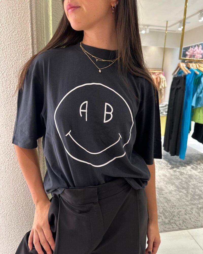 Smiley Face Printed Cotton Crew Neck Black Women's Short Sleeve T-Shirt-ABT02BK - 图片 14