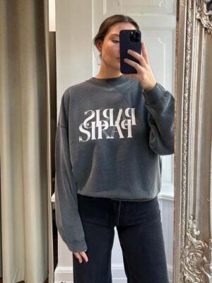 Autumn and Winter Black and Gray Classic Round Neck Letter Printing Fried Color Washing and Distressed Women's Sweatshirt -ABS2432BK