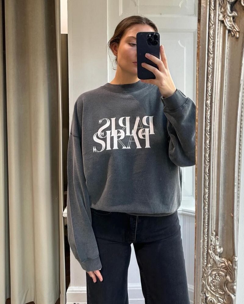 Autumn and Winter Black and Gray Classic Round Neck Letter Printing Fried Color Washing and Distressed Women's Sweatshirt -ABS2432BK