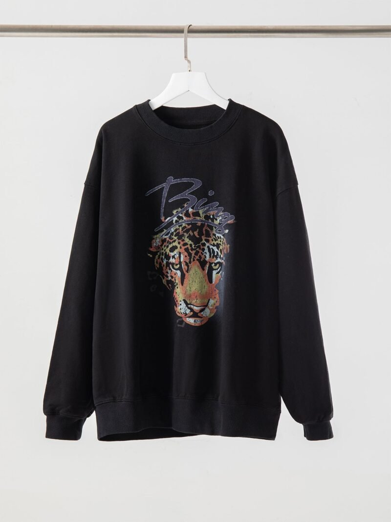Tiger Head White Ink Digital Print Washed and Fried Color Distressed Women's Sweatshirt-ABS2415BK - 图片 2
