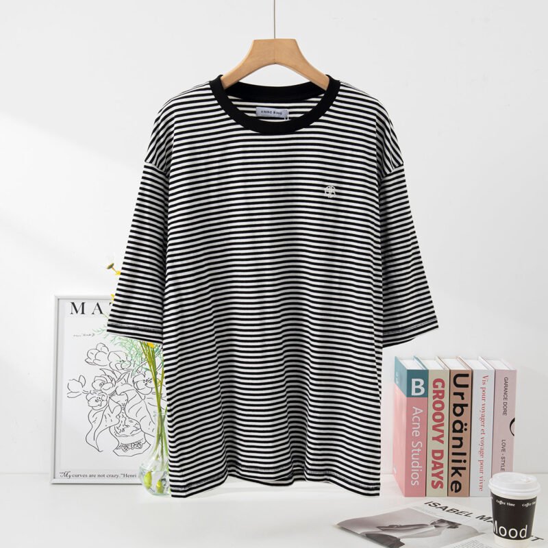 Classic Logo Embroidery Loose Women's Green Striped Short-sleeved T-shirt-ABC11GNstrip - 图片 11