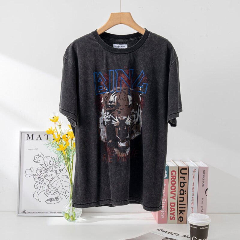Black Tiger Head Print Distressed Washed Snowflake Short-sleeved T-shirt for Women-ABT04Bk - 图片 12