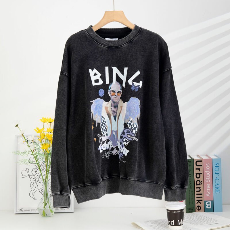 Autumn and Winter Glasses Men with Wings White Ink Digital Printing Washed Color Fried Snowflake Sweatshirt-ABS2438BK - 图片 2