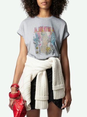 Leopard letter white ink print hot diamond frayed ladies short-sleeve T-shirt-DH-ZV-152