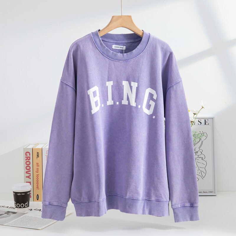 Autumn and Winter Classic BING Letter Print Washed Dyed Fried Color Fleece Loose Purple Sweatshirt-ABS2421PP - 图片 22