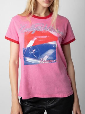 red lips and car print cuffs Women's short-sleeved T-shirt-DH-ZV-64