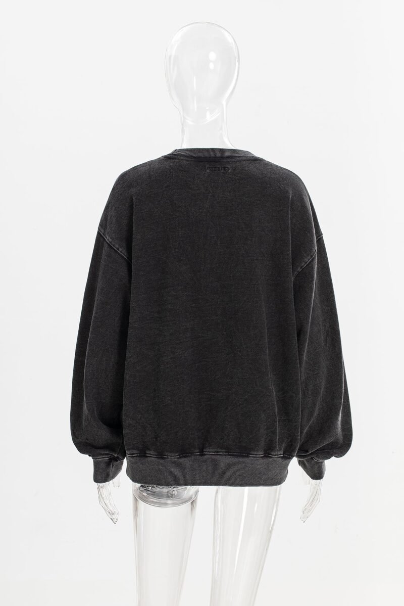 Leopard Letter Print Washed and Fried Color Distressed Black and Gray Women's Sweatshirt- ABS2478BK - 图片 2