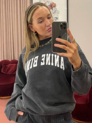 Autumn and Winter Black and Gray Classic Letter Printing Fried Color Washed Fried Snowflake Loose Women's Sweatshirt-ABS2410