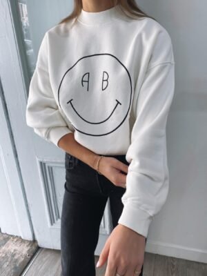 Smiley Face Printed Fleece Crew Neck Women's Plush Sweatshirt-ABS2441W