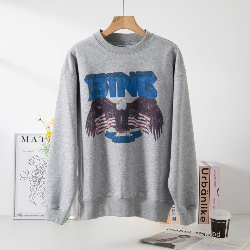 Gray Classic Eagle Digital Print Hem Frayed Fleece Women's Sweatshirt-ABS2467GY - 图片 2
