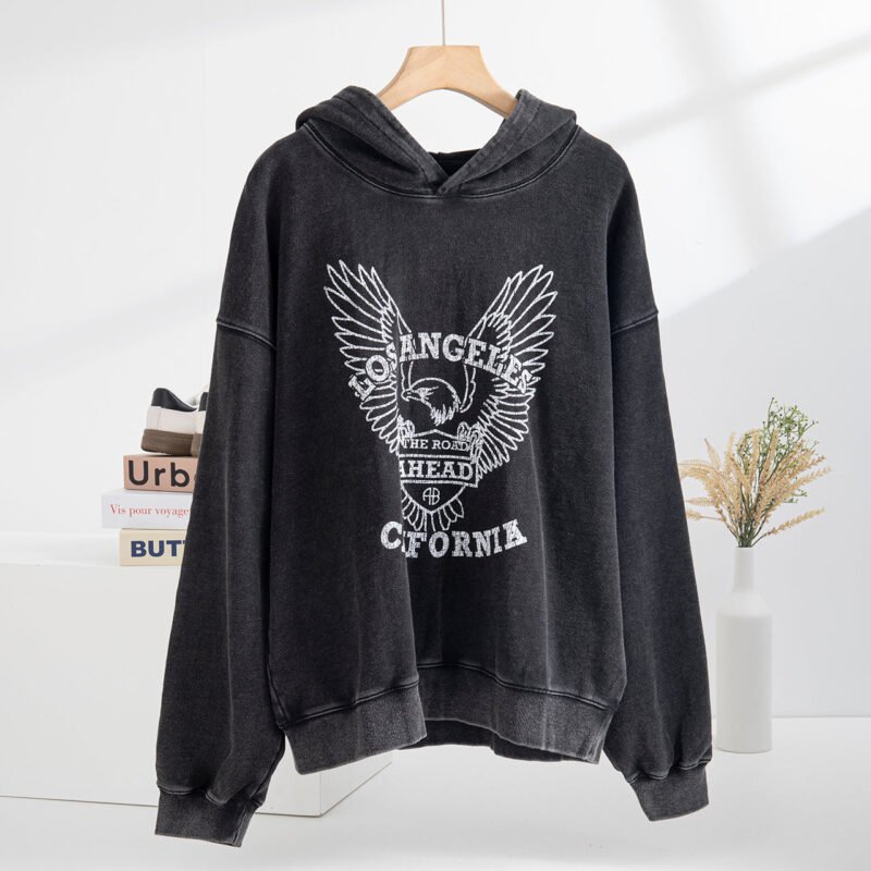 Autumn and Winter Classic Style Distressed Eagle Color Washed Snowflake Women's Hooded Sweatshirt-ABS2444BK - 图片 2