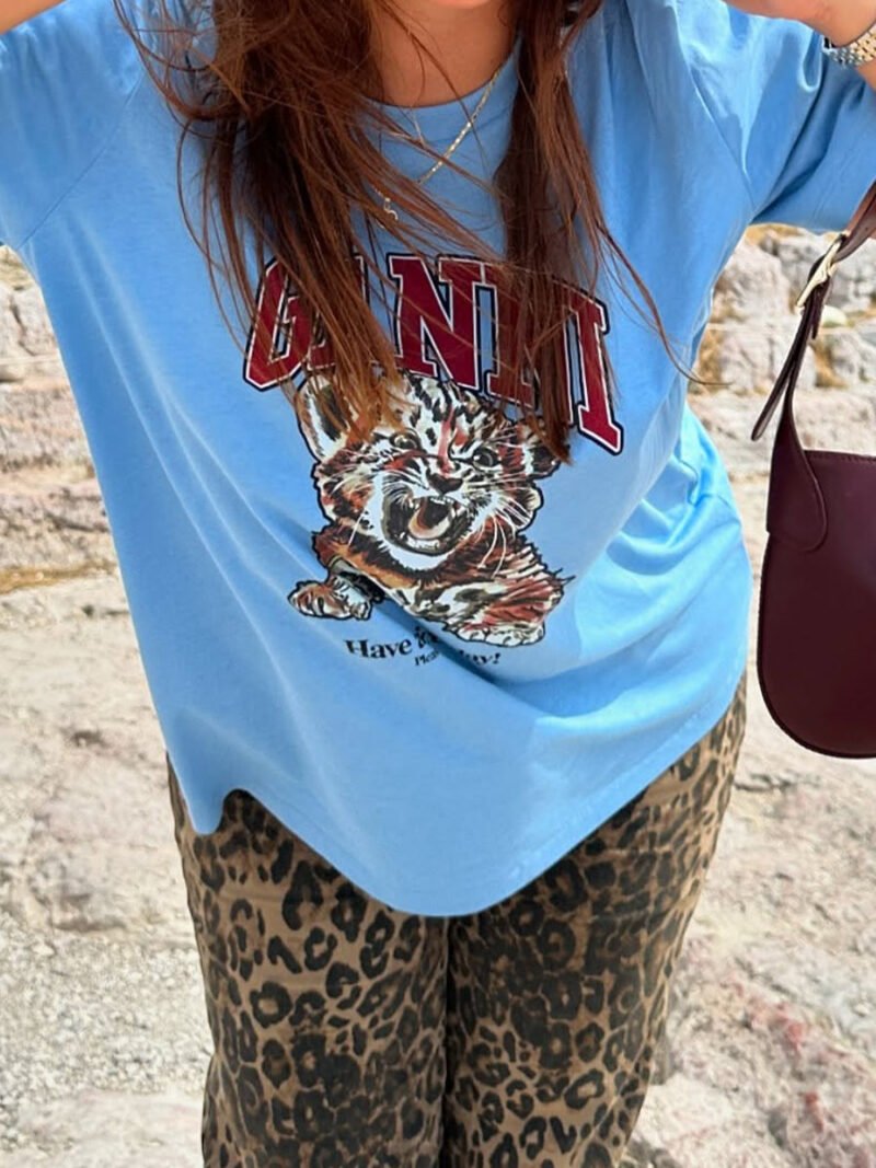 Tiger Printed Letter Cotton Round Neck Short Sleeve Tops T-shirt Women-GN20 - 图片 3