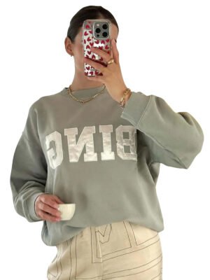 Light Green Classic Applique Embroidery BING Fleece Women's Loose Round Neck Sweatshirt-ABS2477GN