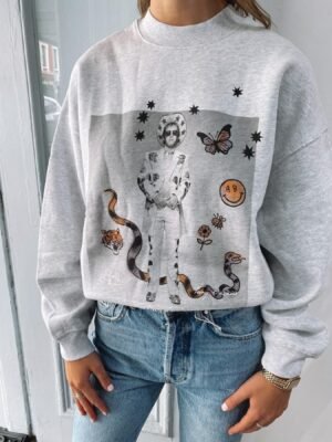 Letter Print Snake Butterfly Bee Fleece Women's Sweatshirt-ABS2458GY