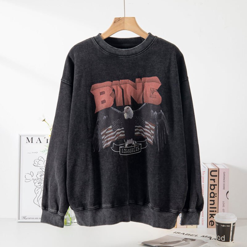 Autumn and Winter Classic Eagle White Ink Digital Print Fried Snowflake Washed Fried Color Sweater for Women-ABS2425BK - 图片 2