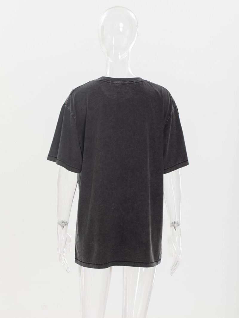 Summer Letter Printing Fried Color Washing Loose Distressed Women's Short-sleeved T-shirt-ABC02BK - 图片 6