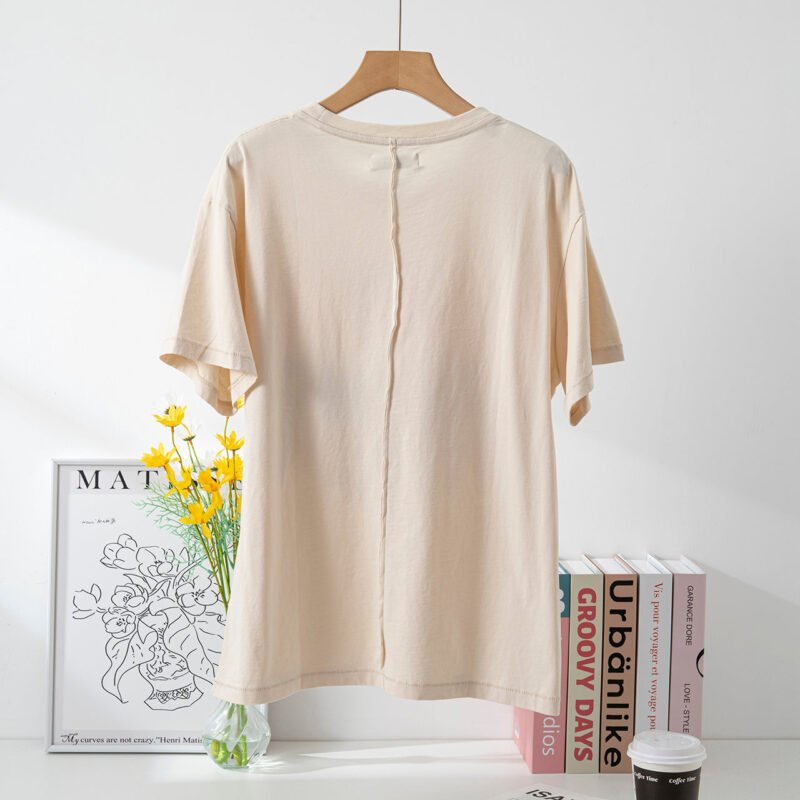 Beige Eagle Flag Printed Distressed Washed Ladies Short Sleeve T-Shirt-ABT18AP - 图片 3