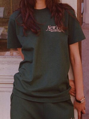 Green Letter Printed Cotton Crew Neck Short Sleeve T-shirt-GN31