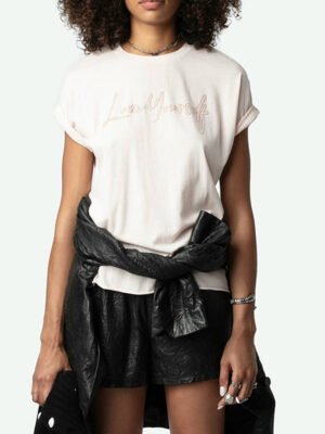 Letter Flocking Rhinestone Pink Cotton Ladies Short-sleeved T-shirt-DH-ZV-145