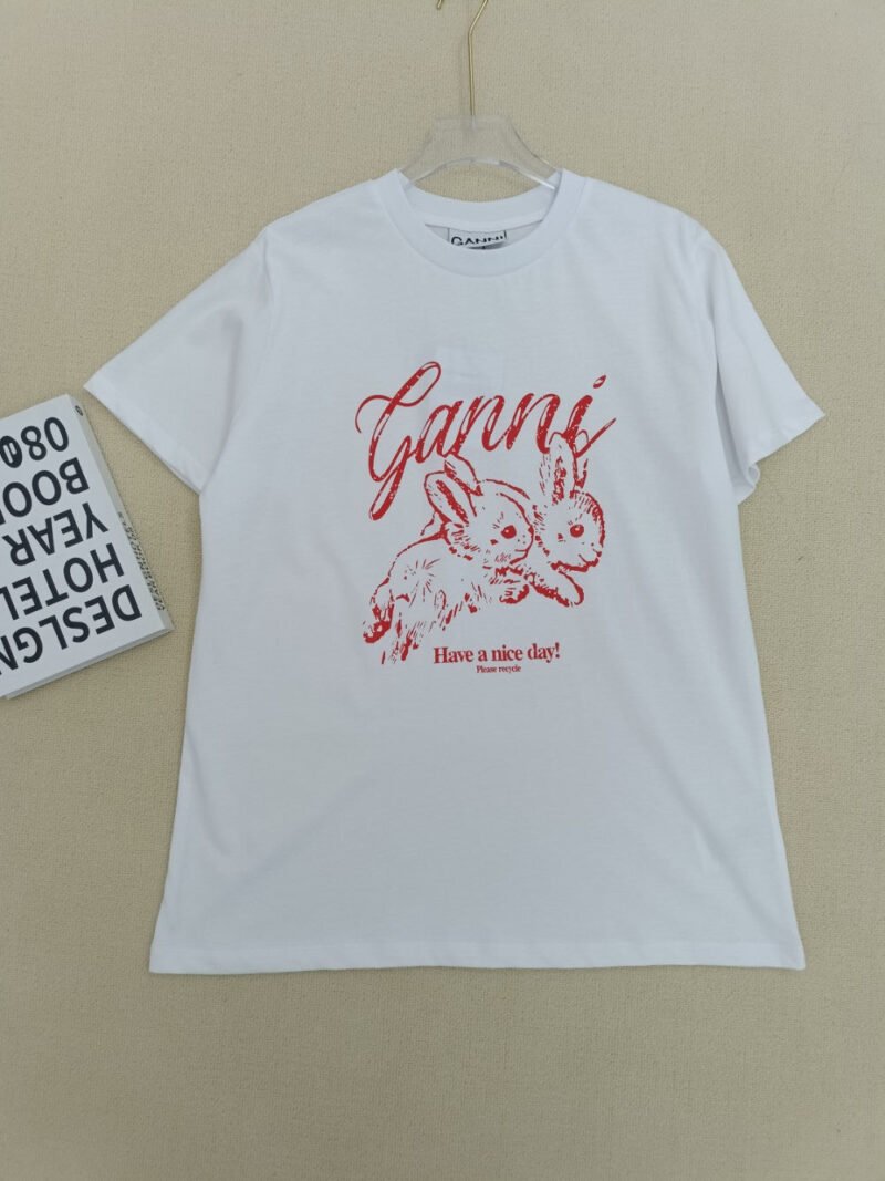 Rabbit Printed White Cotton Letter O-neck Short Sleeve T-shirt-GN22 - 图片 4