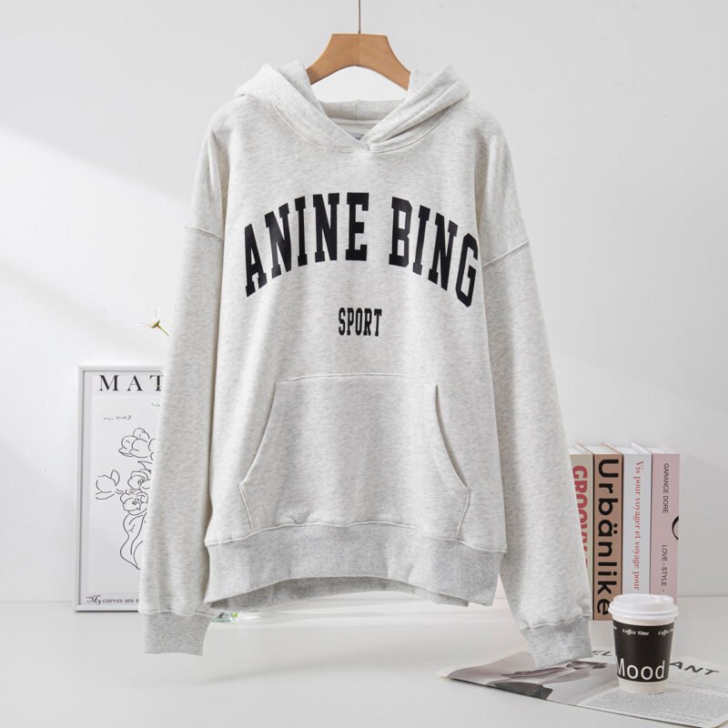 Autumn and Winter Women's Classic Letter Print Lining Fleece Gray Hooded Sweatshirt-ABS02401GY - 图片 2