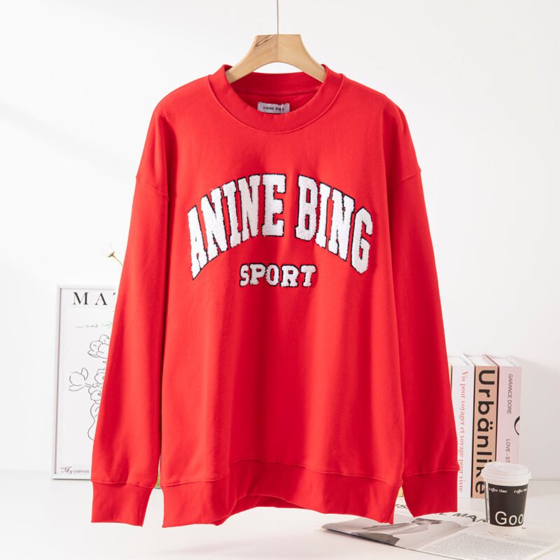 Letter Embroidery Loose Navy Blue Cotton Fleece Women's Sweatshirt Long Sleeve Round Neck Pullover-ABS2407DBL - 图片 35