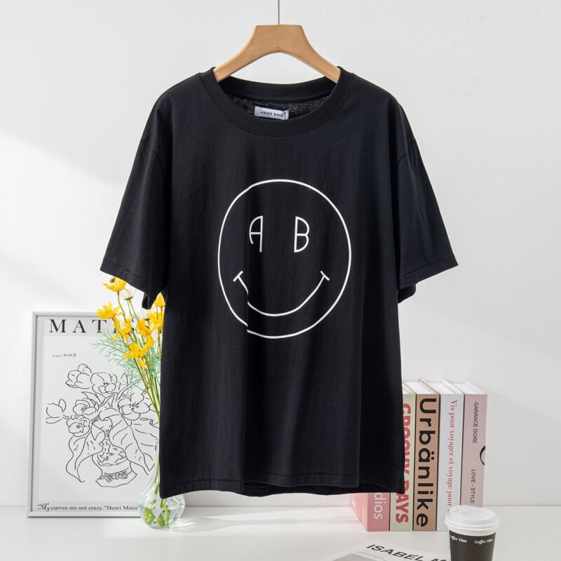 Smiley Face Printed Cotton Crew Neck Black Women's Short Sleeve T-Shirt-ABT02BK - 图片 2