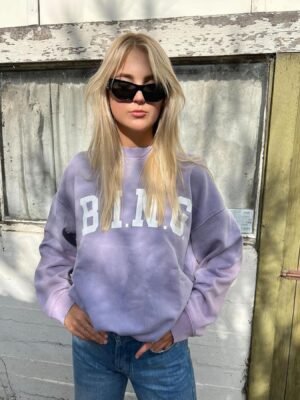 Autumn and Winter Classic BING Letter Print Washed Dyed Fried Color Fleece Loose Purple Sweatshirt-ABS2421PP