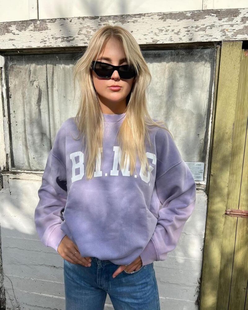 Autumn and Winter Classic BING Letter Print Washed Dyed Fried Color Fleece Loose Purple Sweatshirt-ABS2421PP