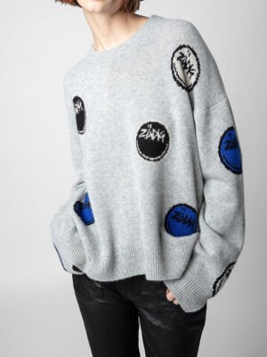 Jacquard Letter Loose Cashmere Women's Round Neck Knit Sweater-DH-ZV-63