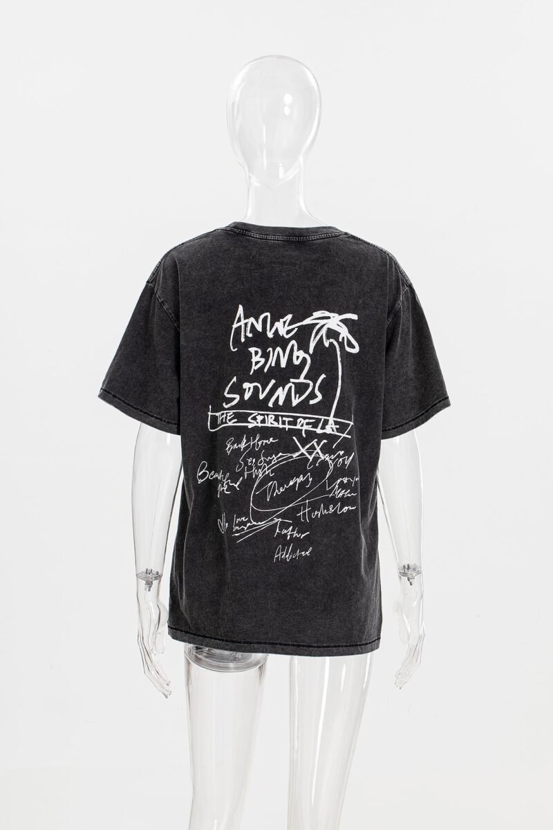 Graffiti Letter Print Loose Distressed Washed Women's Short-sleeved T-shirt-ABC05BK - 图片 5