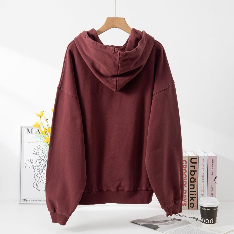 Burgundy Classic Letter Print Dyed Distressed Washed Women's Hooded Sweatshirt-ABS2403RED - 图片 3