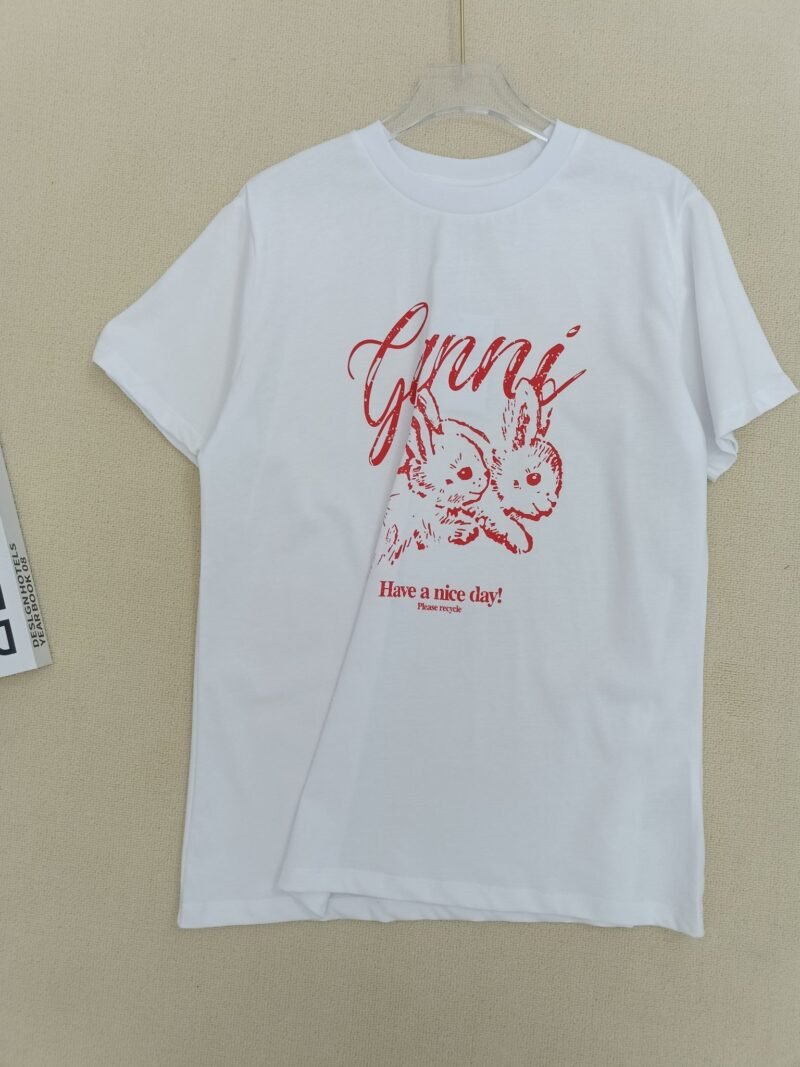 Rabbit Printed White Cotton Letter O-neck Short Sleeve T-shirt-GN22 - 图片 5